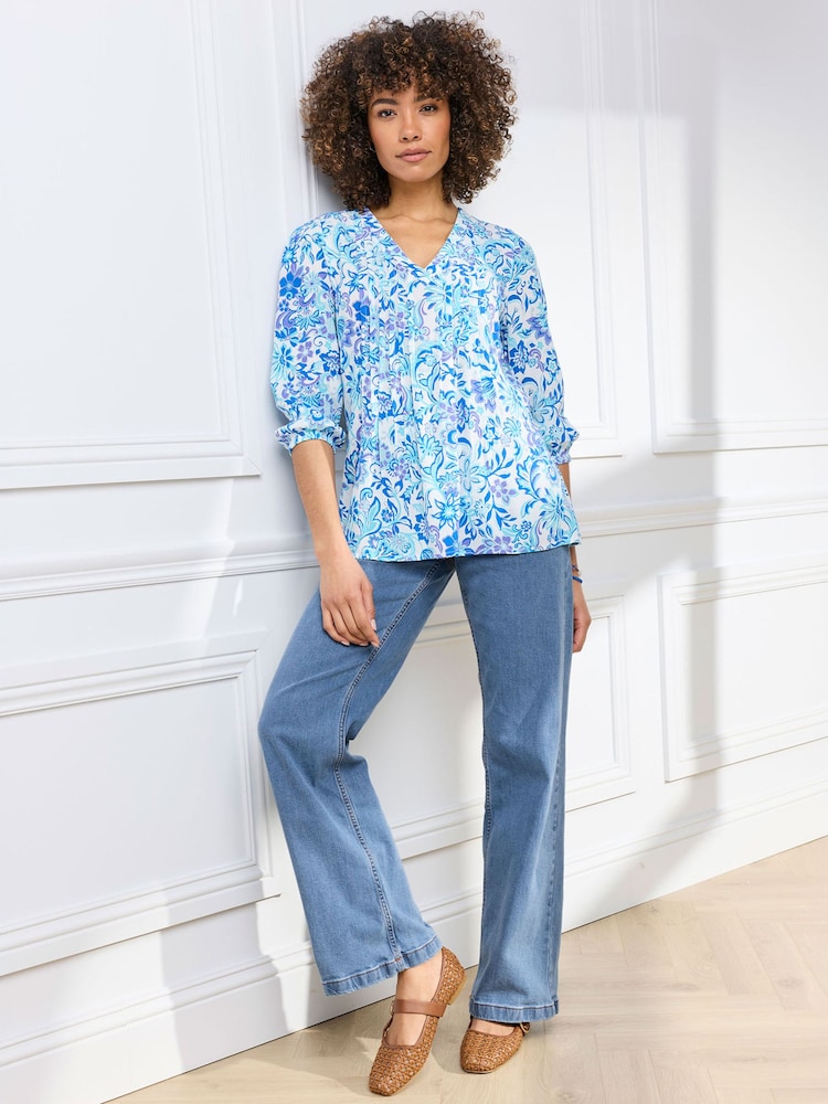 Cotton Traders Blue 3/4 Sleeve V-Neck Printed Crinkle Top - Image 1 of 3