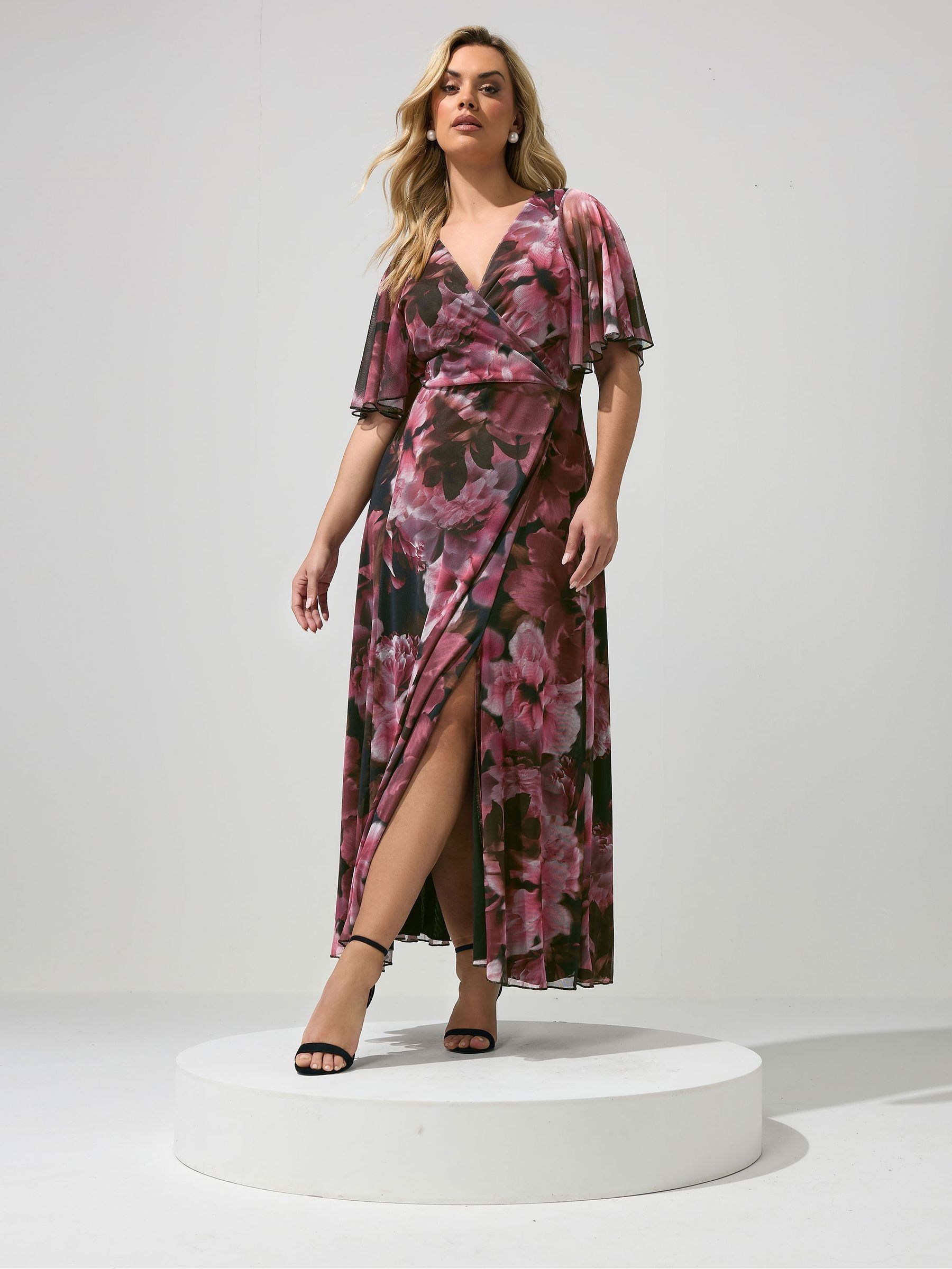 Yours Curve Women's Red London Floral Abstract Mesh Dress