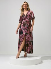 Yours Curve Red London Floral Abstract Mesh Dress - Image 1 of 5