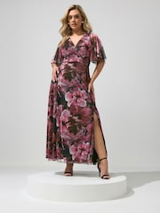 Yours Curve Red London Floral Abstract Mesh Dress - Image 2 of 5