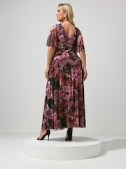 Yours Curve Red London Floral Abstract Mesh Dress - Image 3 of 5