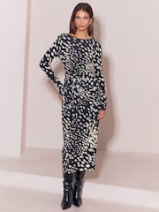 Lipsy Monochrome Animal Deer Print Petite Jersey Tie Waist Long Sleeve Midi Dress - Image 1 of 5