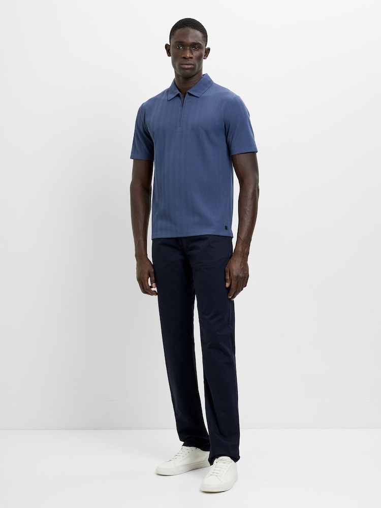 French Connection Blue Stripe 1/4 Zip Short Sleeve Polo Shirt - Image 1 of 6 French Connection Blue Stripe 1/4 Zip Short Sleeve Polo Shirt - Image 1 of 6