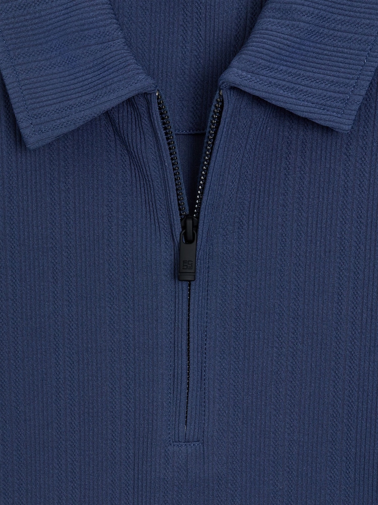 French Connection Blue Stripe 1/4 Zip Short Sleeve Polo Shirt - Image 6 of 6 French Connection Blue Stripe 1/4 Zip Short Sleeve Polo Shirt - Image 6 of 6