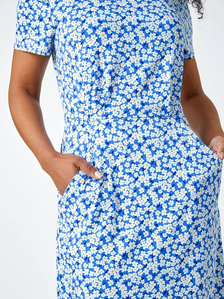 Roman Blue Ditsy Floral Pocket Stretch Dress - Image 5 of 5