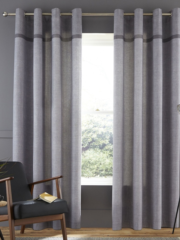 Catherine Lansfield Grey 100% Cotton Melville Woven Texture Eyelet Curtains - Image 2 of 3