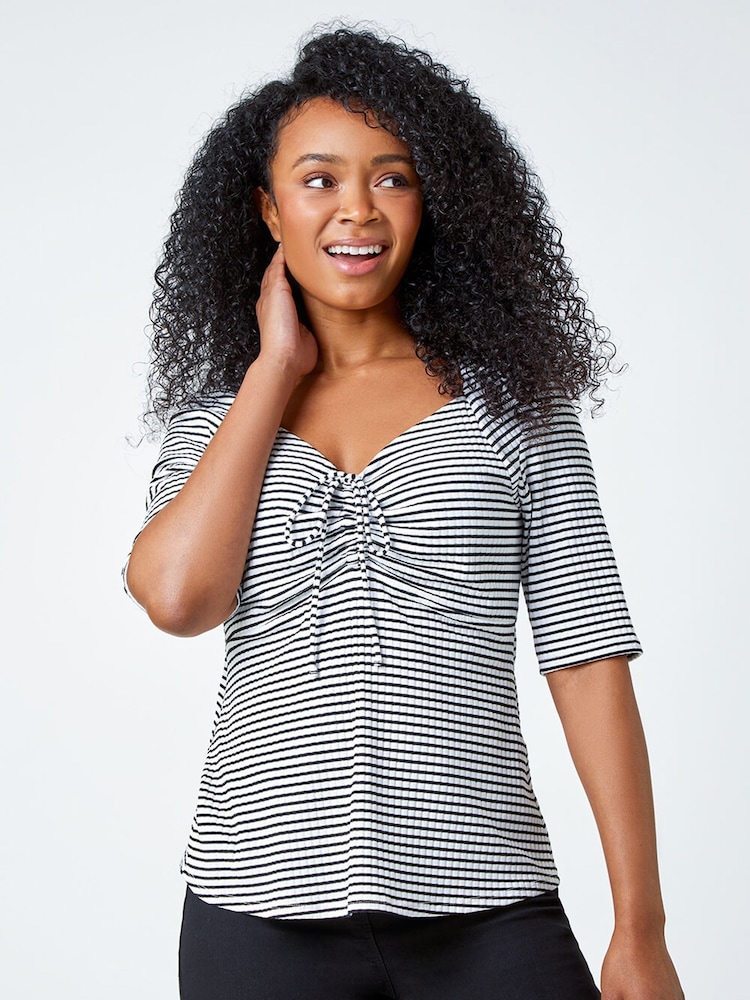 Roman Black Stripe Ruched Stretch Top - Image 1 of 5