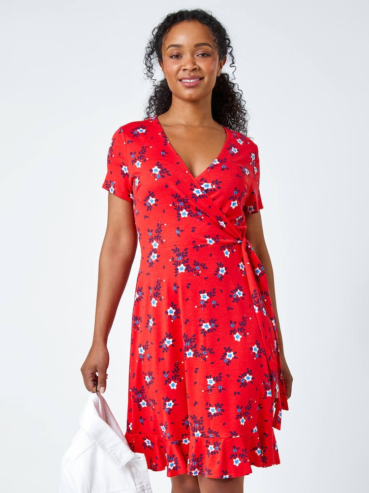 Roman Red Floral Stretch Wrap Dress - Image 1 of 5 Roman Red Floral Stretch Wrap Dress - Image 1 of 5