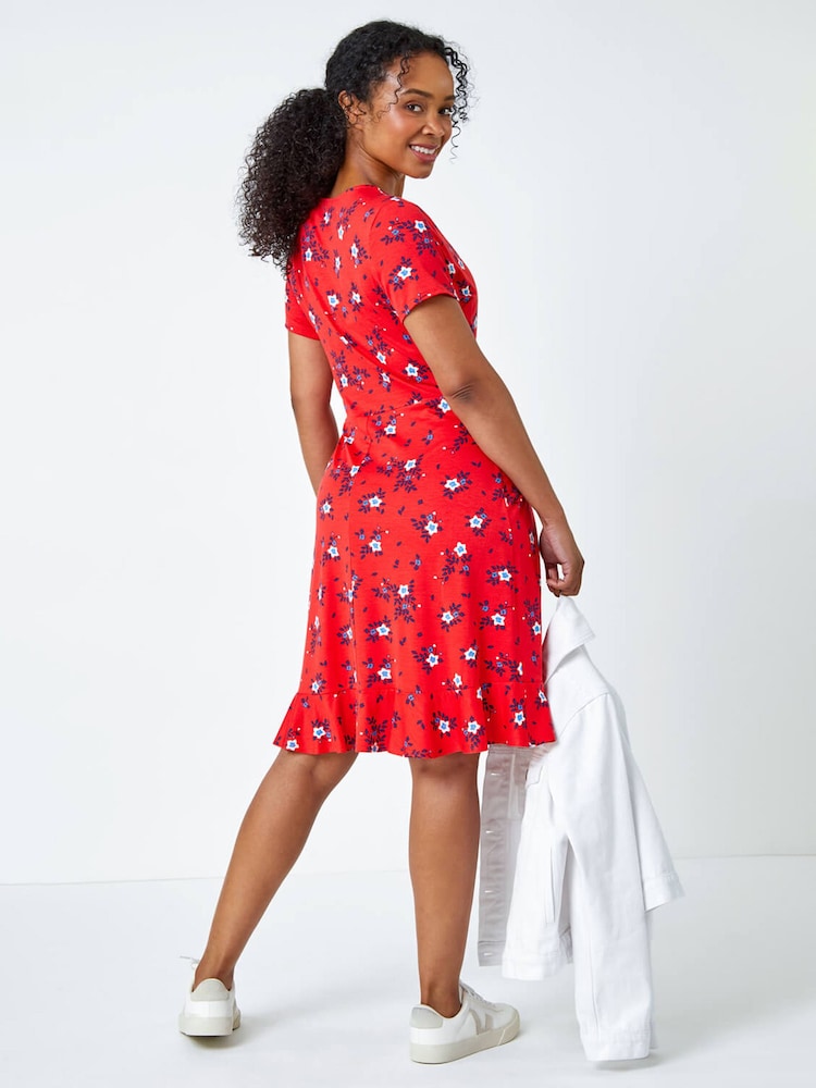 Roman Red Floral Stretch Wrap Dress - Image 2 of 5 Roman Red Floral Stretch Wrap Dress - Image 2 of 5
