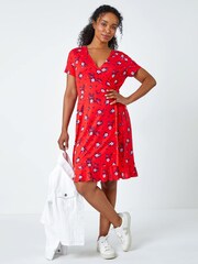 Roman Red Floral Stretch Wrap Dress - Image 3 of 5