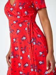 Roman Red Floral Stretch Wrap Dress - Image 5 of 5