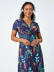 Roman Blue Floral Twist Detail Stretch Dress - Image 1 of 5