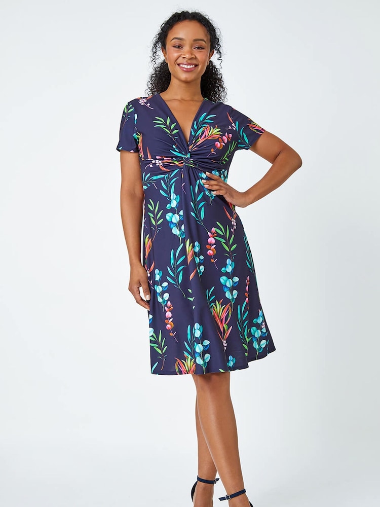 Roman Blue Floral Twist Detail Stretch Dress - Image 2 of 5