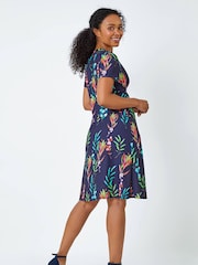 Roman Blue Floral Twist Detail Stretch Dress - Image 3 of 5