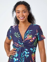 Roman Blue Floral Twist Detail Stretch Dress - Image 4 of 5