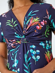 Roman Blue Floral Twist Detail Stretch Dress - Image 5 of 5