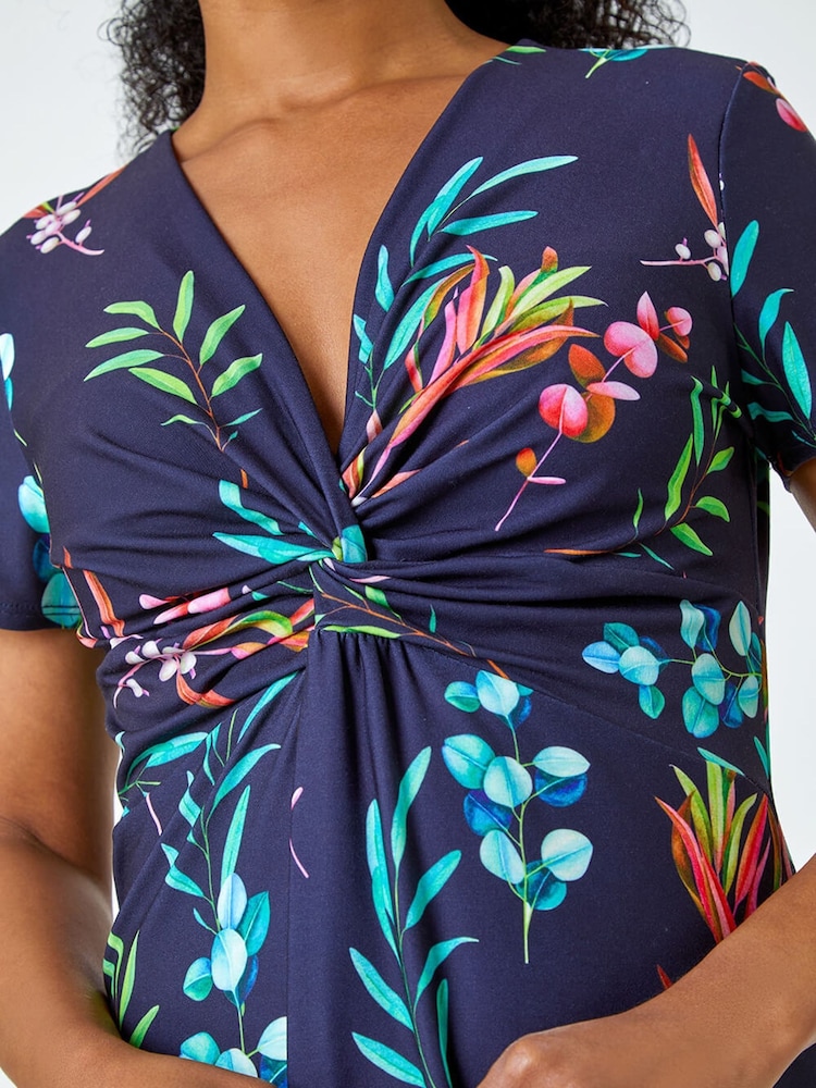 Roman Blue Floral Twist Detail Stretch Dress - Image 5 of 5