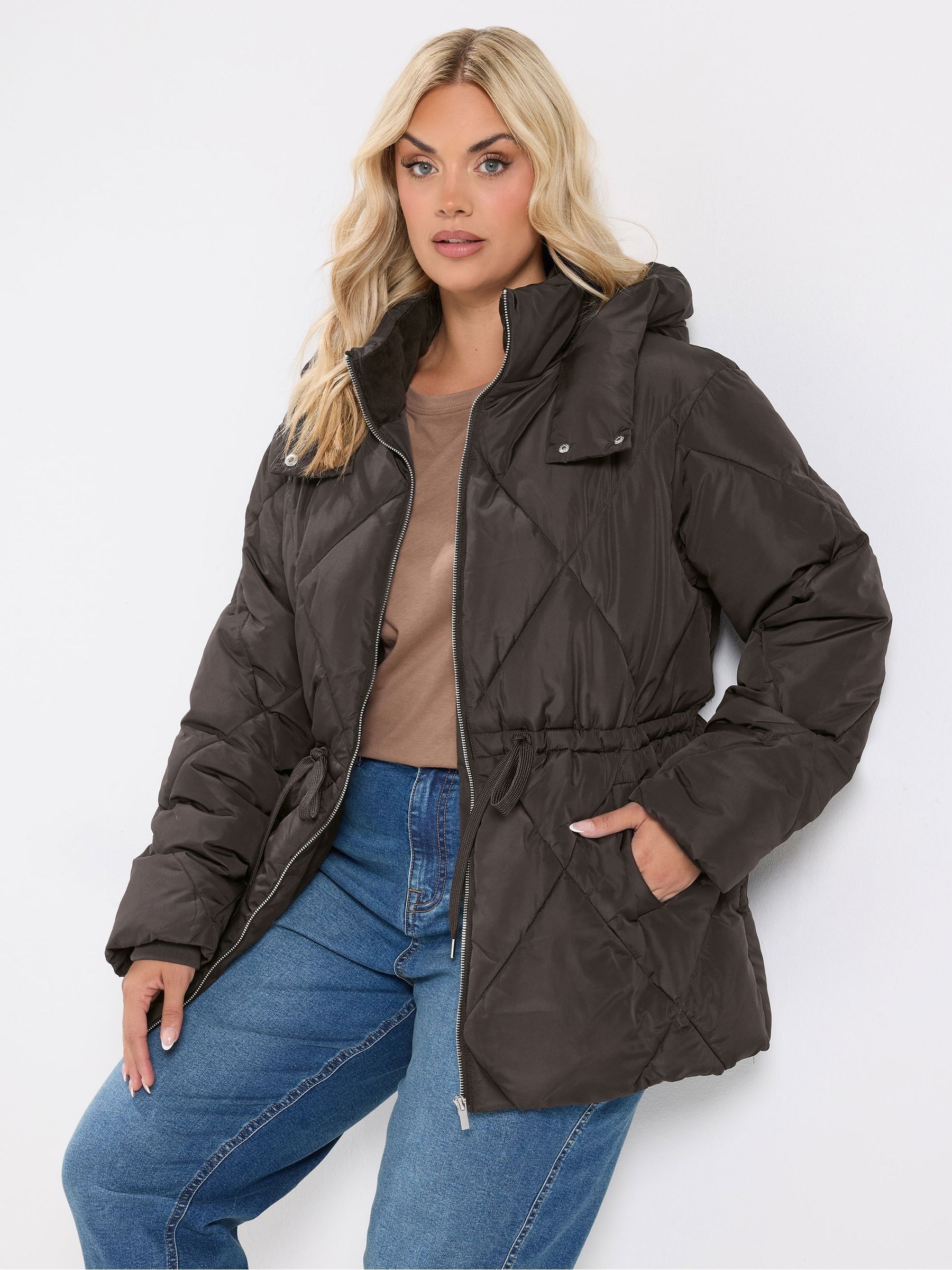 Yours Women's Brown Curve Diamond Quilted Puffer Coat - Image 3