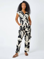 Roman Black Leaf Print Stretch Jumpsuit - Image 2 of 5