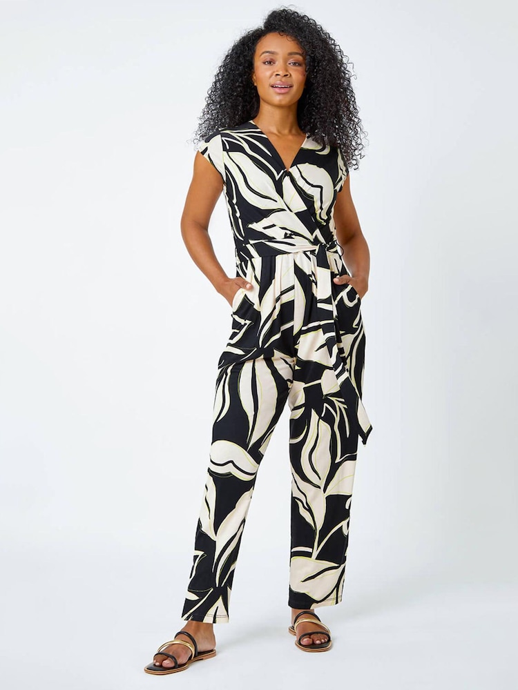 Roman Black Leaf Print Stretch Jumpsuit - Image 2 of 5