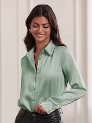 Lipsy Green Collared Button Through Diamante Shirt - Image 3 of 4