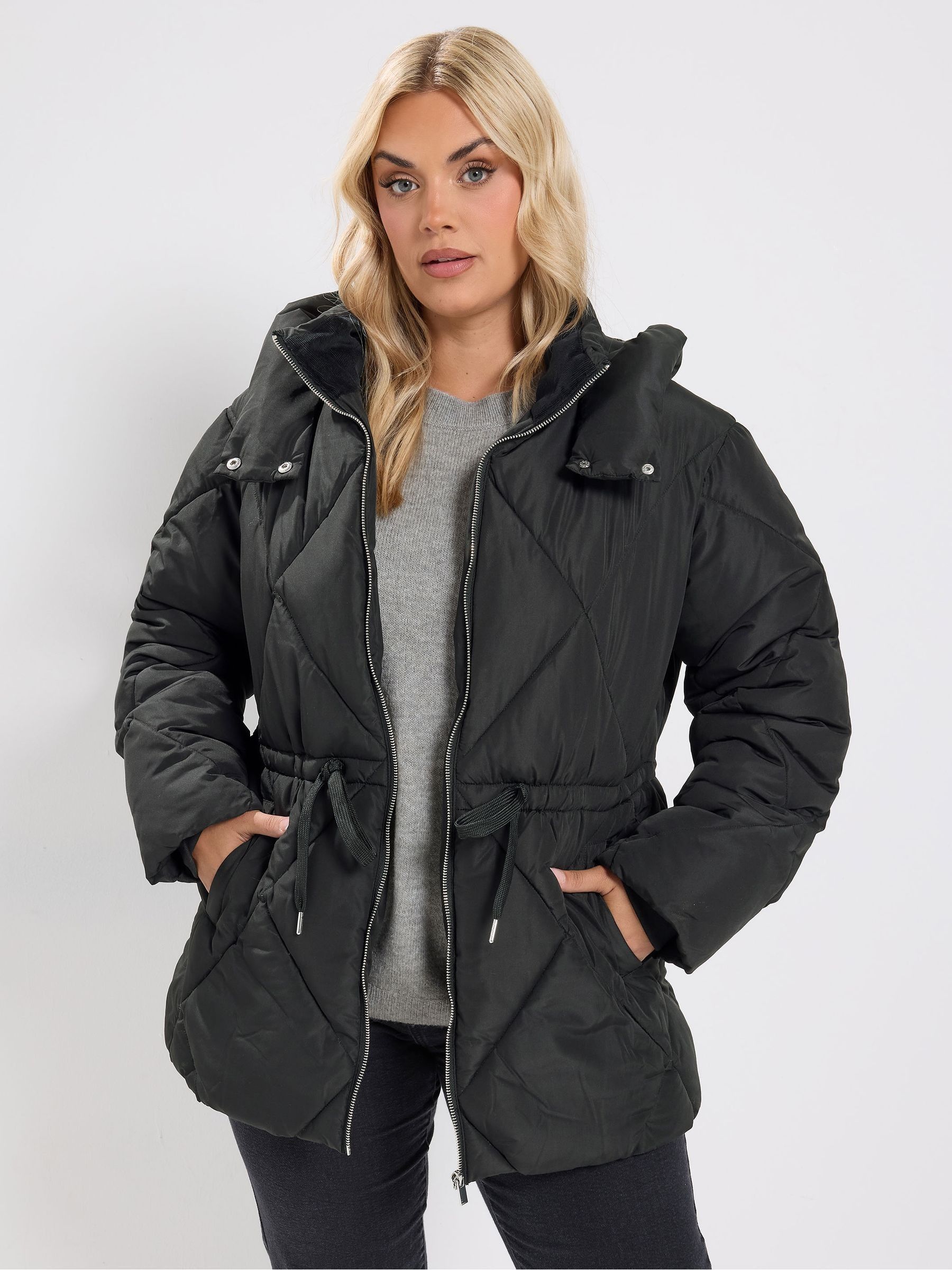 Yours Women's Diamond Quilted Puffer Coat in Black | Size: 34-36 - Image 4