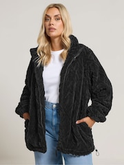 Yours Curve Black Textured Fleece Jacket - Image 1 of 5