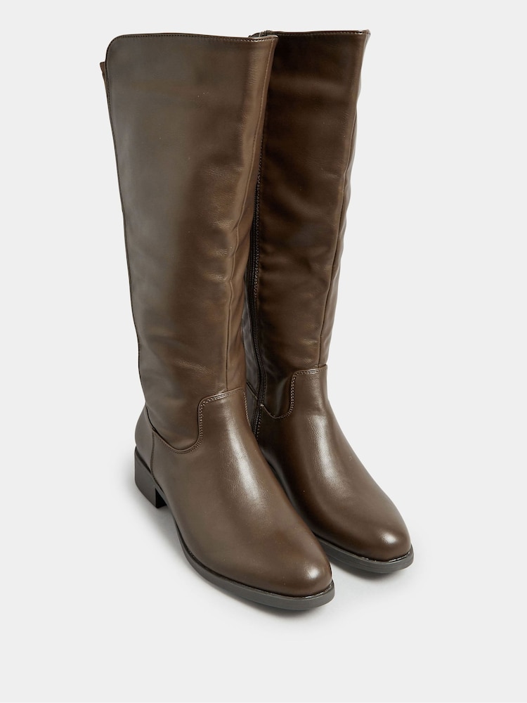 Yours Curve Brown Extra Wide Fit PU Stretch Heeled Knee High Boots - Image 1 of 3 Yours Curve Brown Extra Wide Fit PU Stretch Heeled Knee High Boots - Image 1 of 3