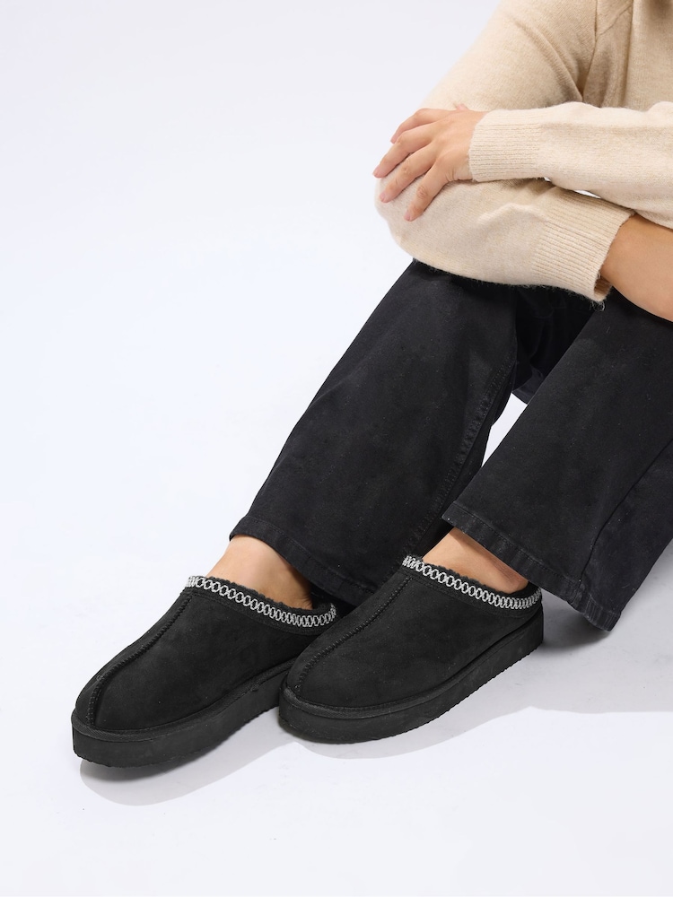 Yours Curve Black Extra Wide Fit Faux Suede Embroidered Mules - Image 2 of 6 Yours Curve Black Extra Wide Fit Faux Suede Embroidered Mules - Image 2 of 6