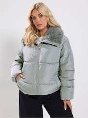 Yours Curve Grey Funnel Neck Padded Coat - Image 1 of 6