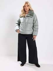Yours Curve Grey Funnel Neck Padded Coat - Image 2 of 6