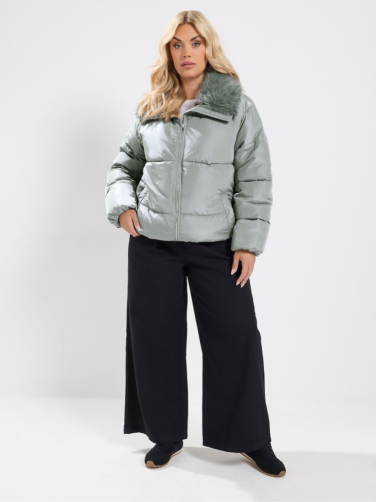 Yours Curve Grey Funnel Neck Padded Coat - Image 2 of 6 Yours Curve Grey Funnel Neck Padded Coat - Image 2 of 6