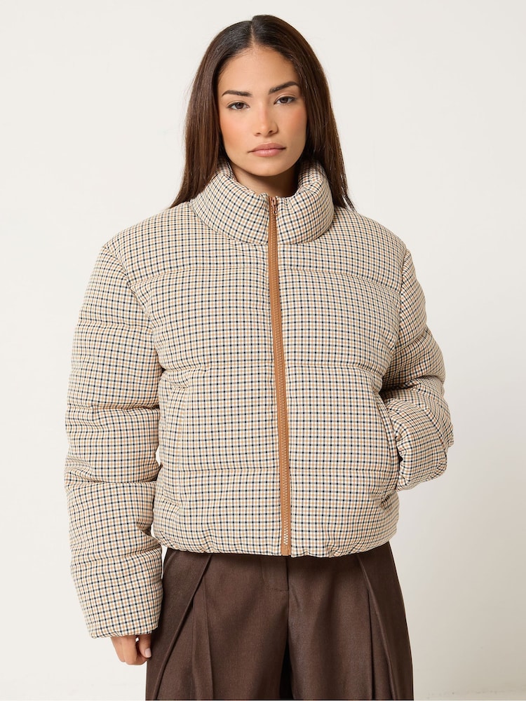 PixieGirl Petite Natural Check Puffer Coat - Image 1 of 6 PixieGirl Petite Natural Check Puffer Coat - Image 1 of 6