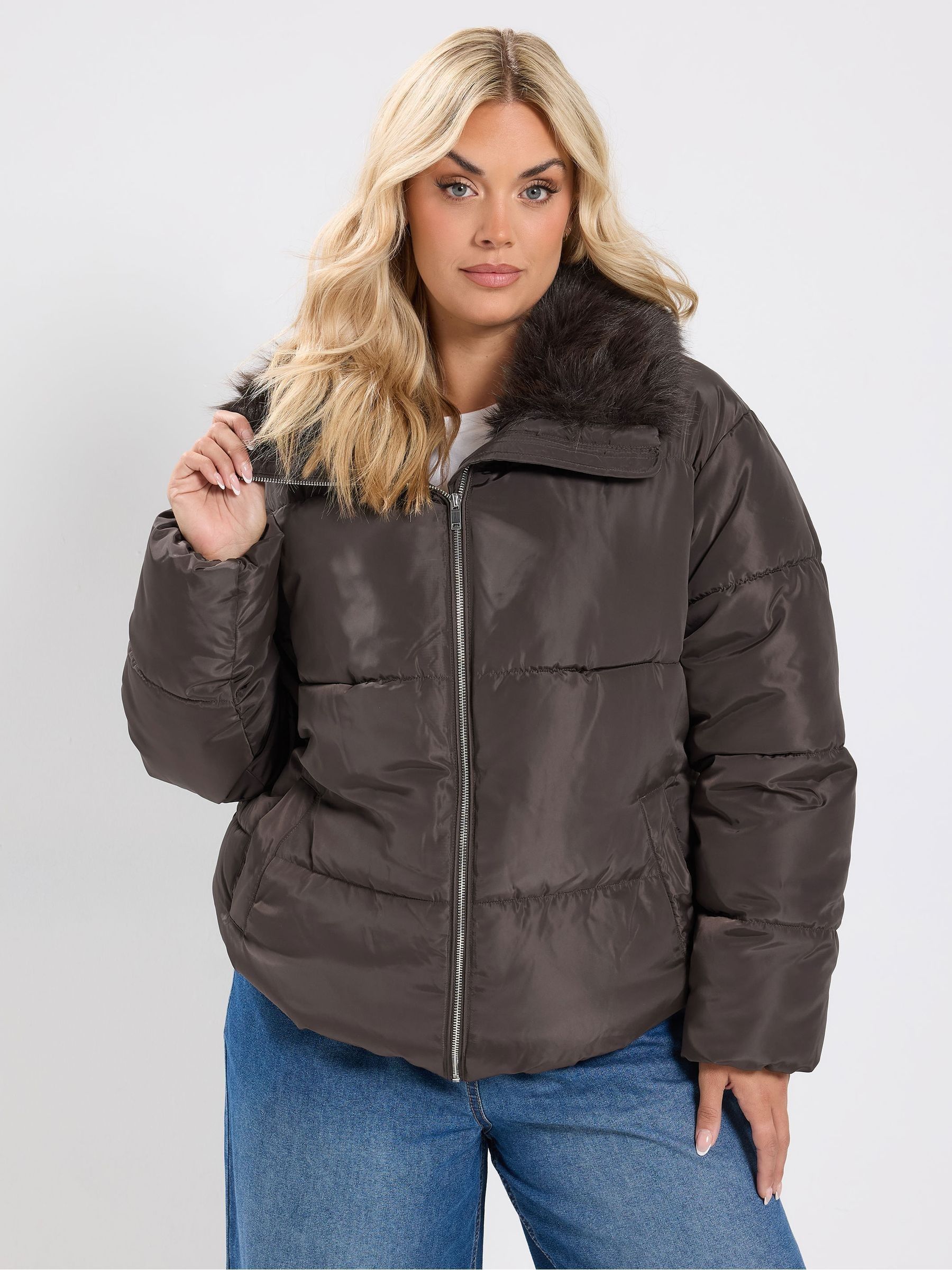 Yours Women's Funnel Neck Padded Coat in Brown | Size: 34-36 - Image 1