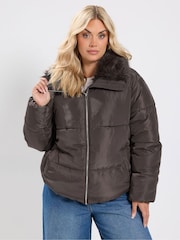 Yours Curve Brown Funnel Neck Padded Coat - Image 1 of 6