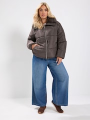 Yours Curve Brown Funnel Neck Padded Coat - Image 2 of 6