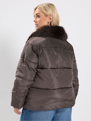 Yours Curve Brown Funnel Neck Padded Coat - Image 3 of 6
