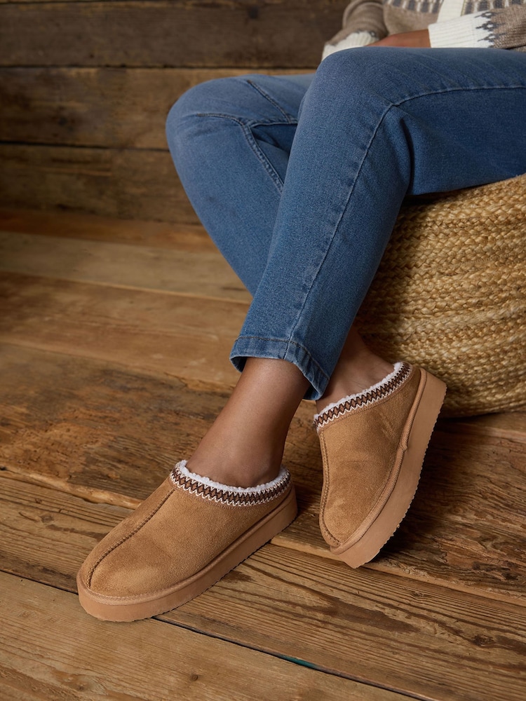 Yours Curve Brown Extra Wide Fit Faux Suede Embroidered Mules - Image 1 of 4 Yours Curve Brown Extra Wide Fit Faux Suede Embroidered Mules - Image 1 of 4