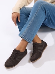 Yours Curve Brown Low Retro Stripe Trainers In Extra Wide EEE Fit - Image 1 of 5