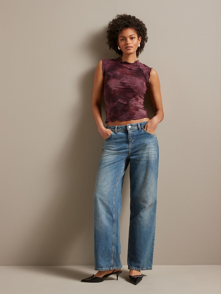 Burgundy Red Lettuce Hem Short Sleeve Marbled Floral Top - Image 2 of 6