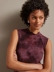 Burgundy Red Lettuce Hem Short Sleeve Marbled Floral Top - Image 4 of 6