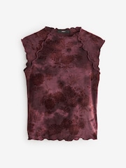 Burgundy Red Lettuce Hem Short Sleeve Marbled Floral Top - Image 5 of 6