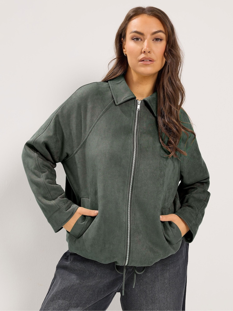 Yours Curve Green Suedette Bomber Jacket - Image 1 of 7