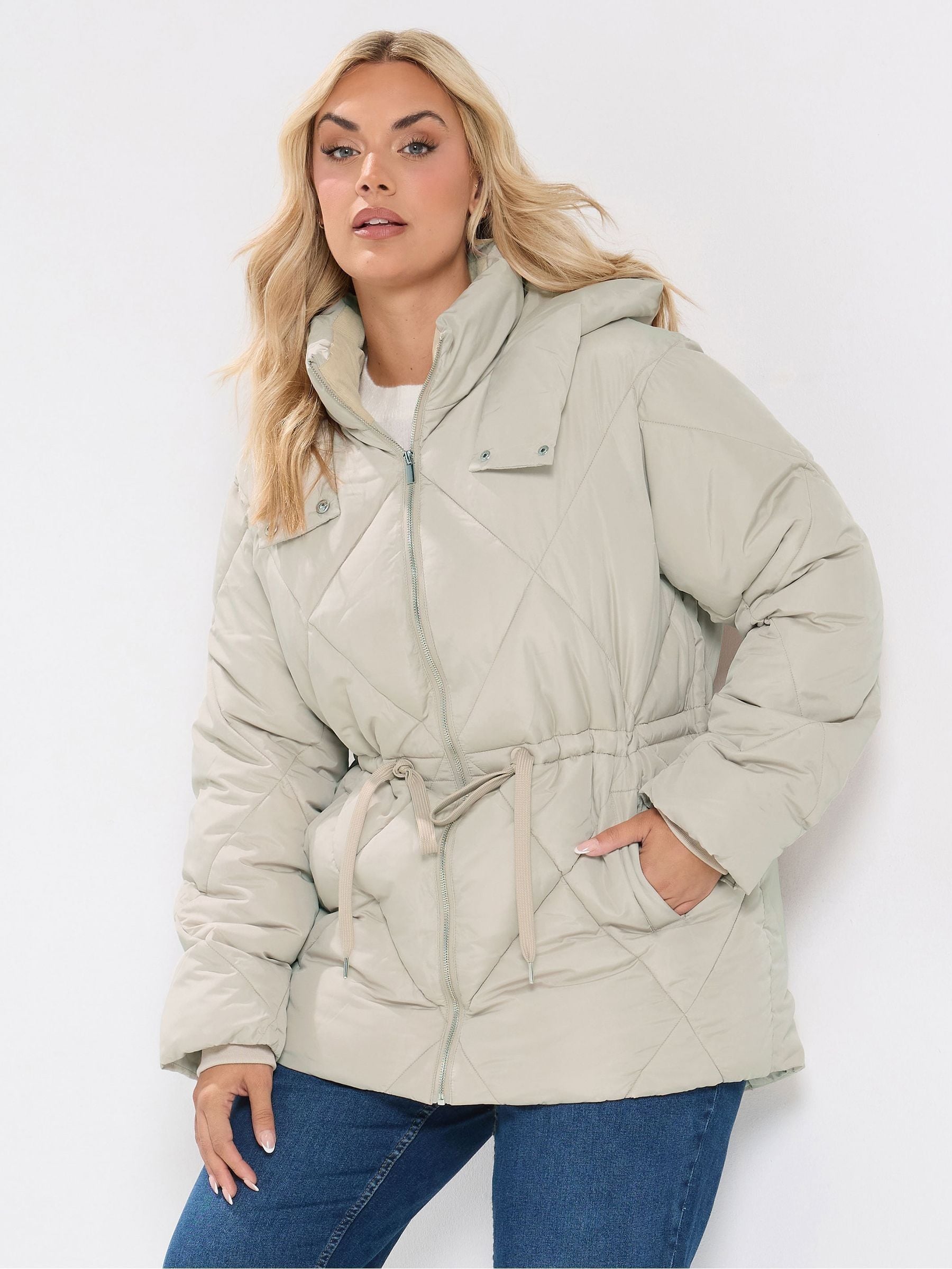 Yours Women's Ivory Diamond Quilted Puffer Coat In | Size: 30/32 - Image 1