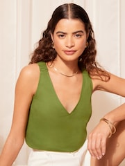 Friends Like These Green Shirred Strap V Neck Linen Swing Vest - Image 1 of 4