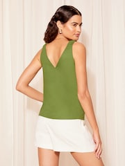 Friends Like These Green Shirred Strap V Neck Linen Swing Vest - Image 4 of 4