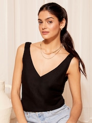 Friends Like These Black Shirred Strap V Neck Linen Swing Vest - Image 1 of 4