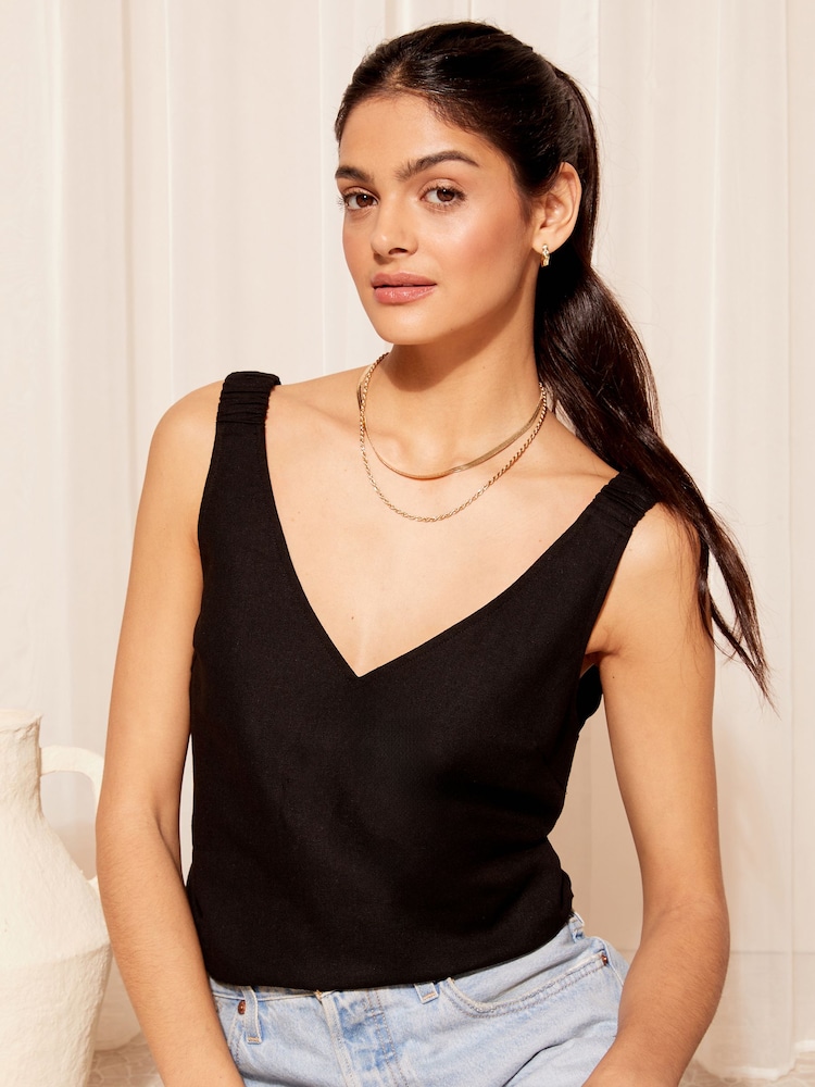 Friends Like These Black Shirred Strap V Neck Linen Swing Vest - Image 1 of 4