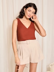 Friends Like These Rust Red Shirred Strap V Neck Linen Swing Vest - Image 1 of 4