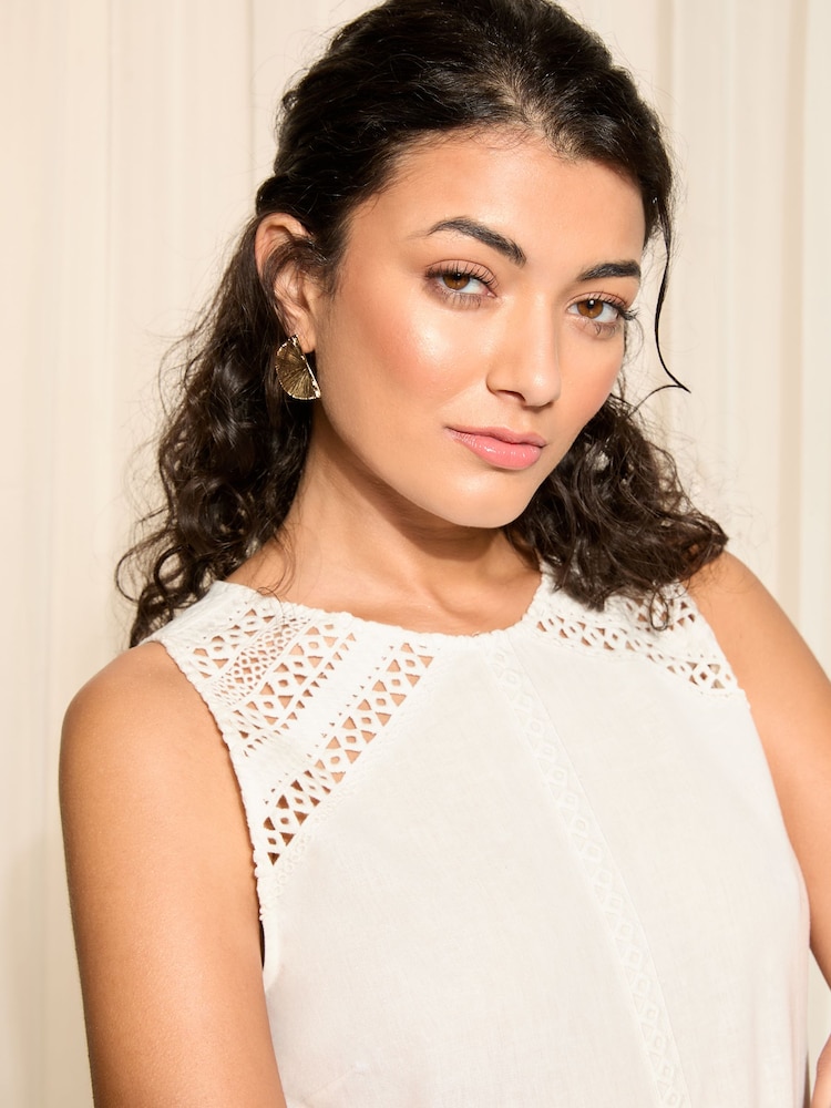 Friends Like These White Crochet Insert Cotton Linen Blend Shell Vest Top - Image 2 of 4 Friends Like These White Crochet Insert Cotton Linen Blend Shell Vest Top - Image 2 of 4